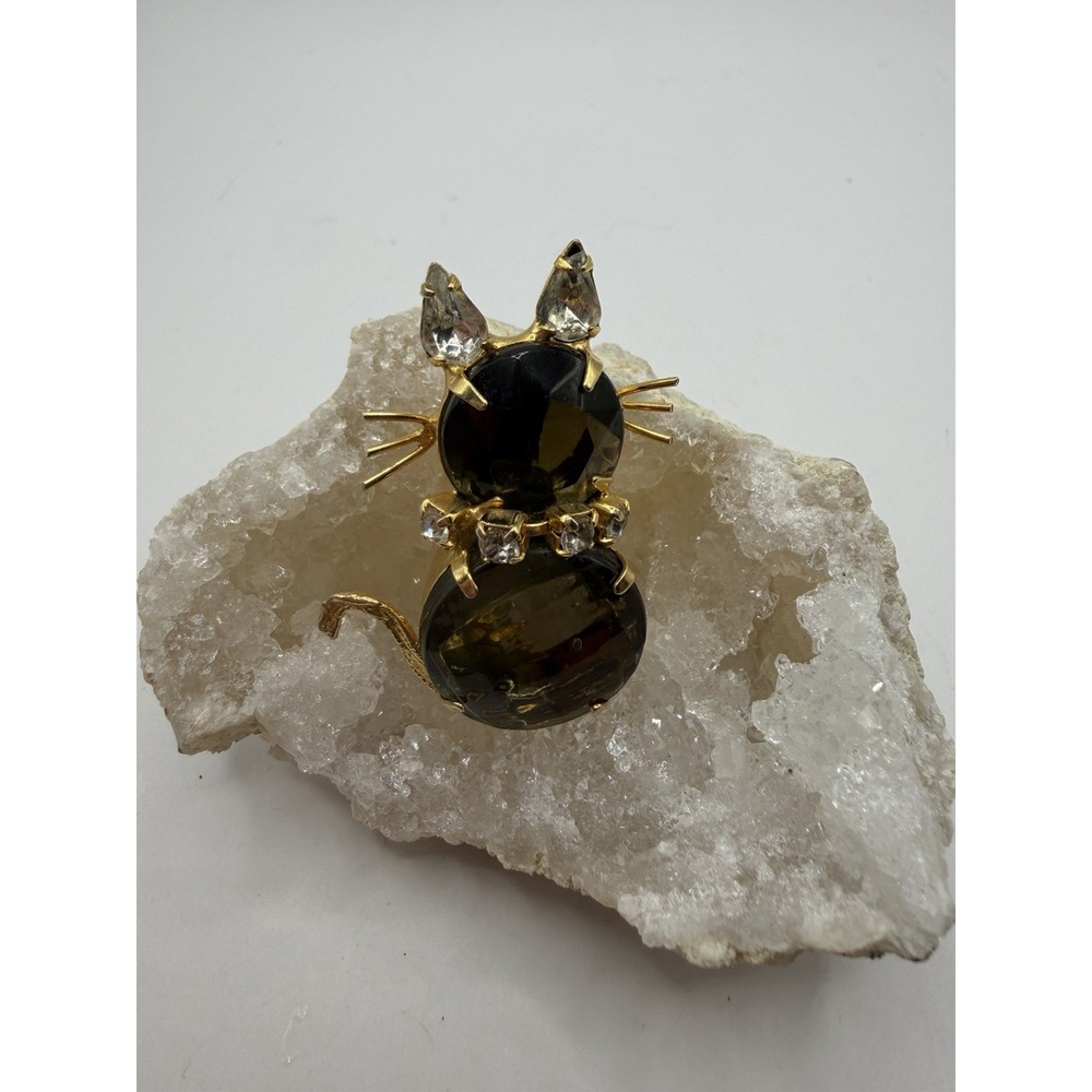 VINTAGE ESTATE GOLD TONED SMOKY QUARTZ CRYSTAL BROOCH PIN CAT KITTEN